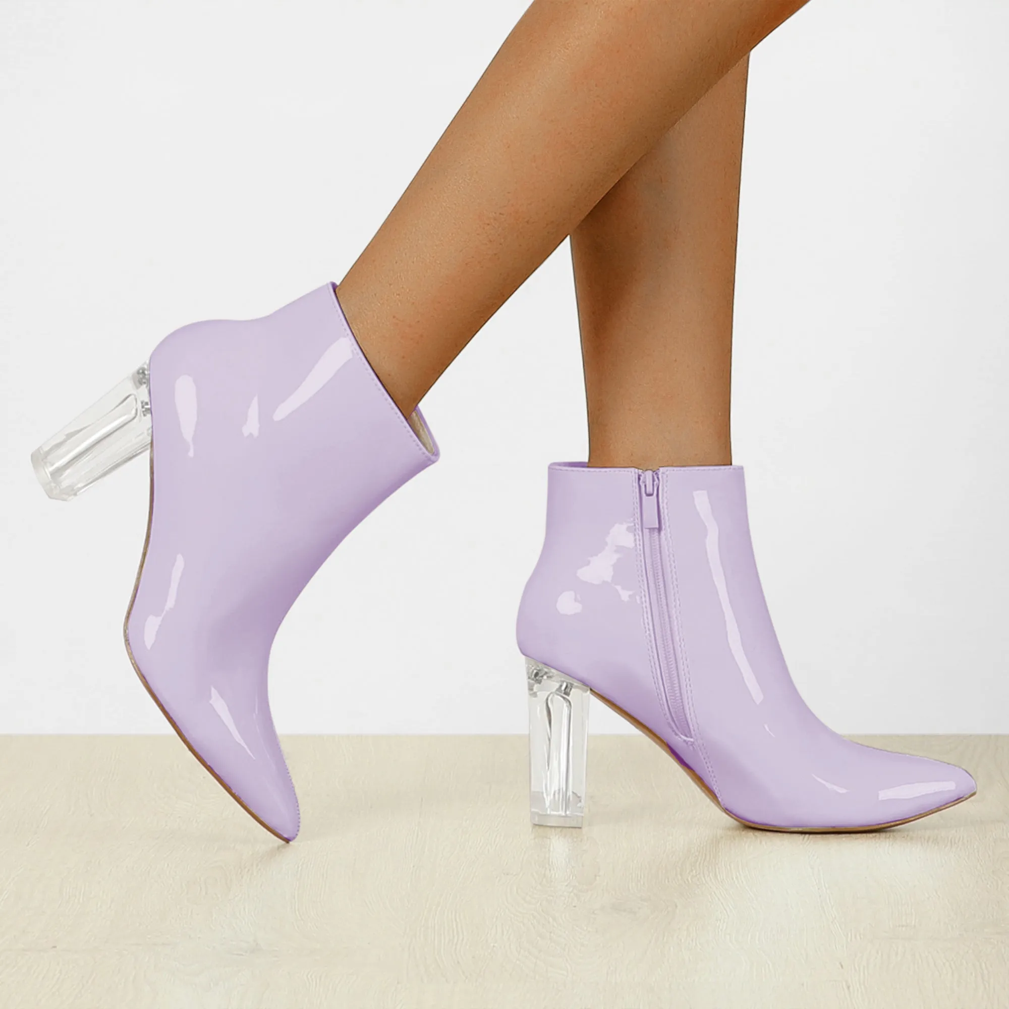 Patent Leather Pointed Toe Clear Chunky Heel Ankle Boots