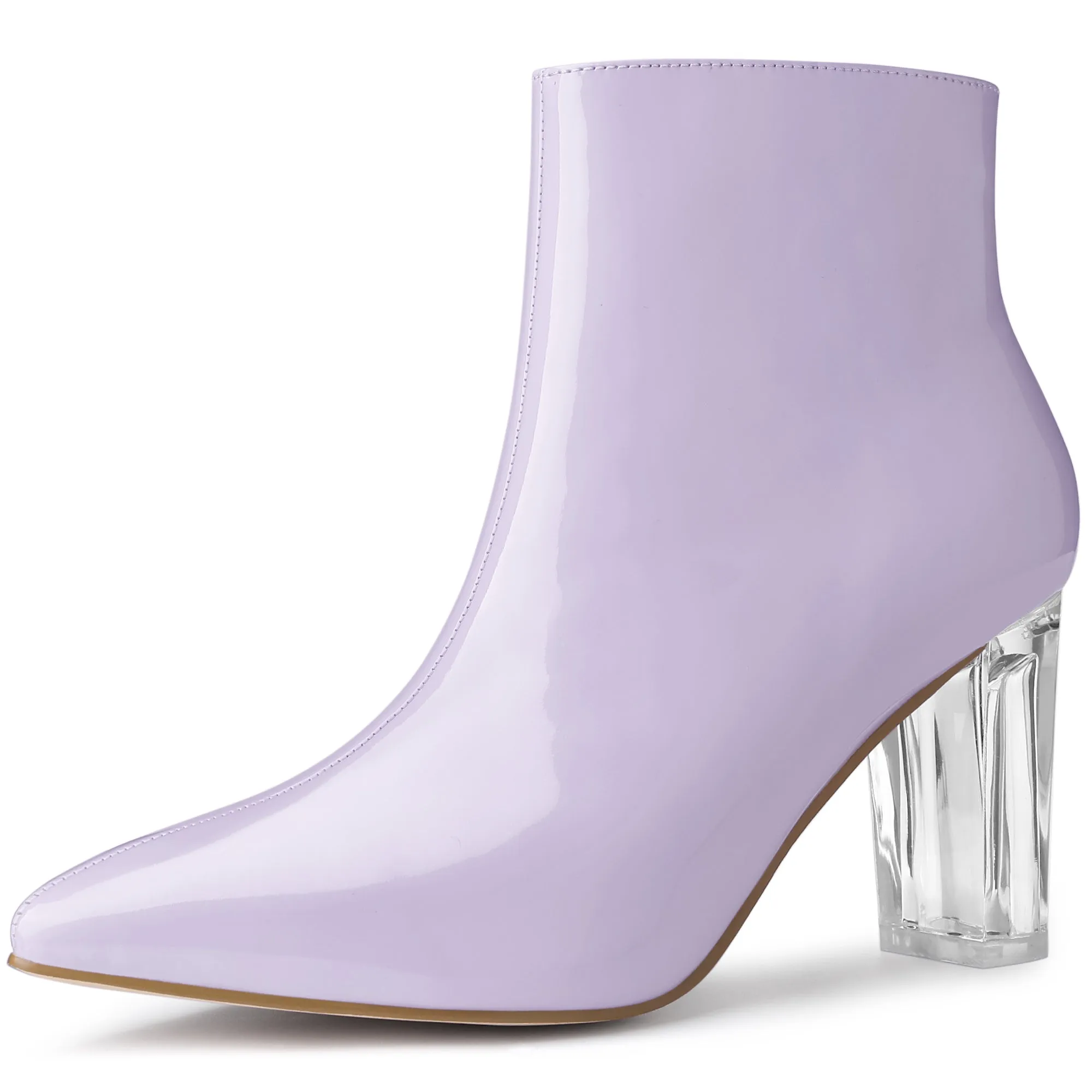 Patent Leather Pointed Toe Clear Chunky Heel Ankle Boots