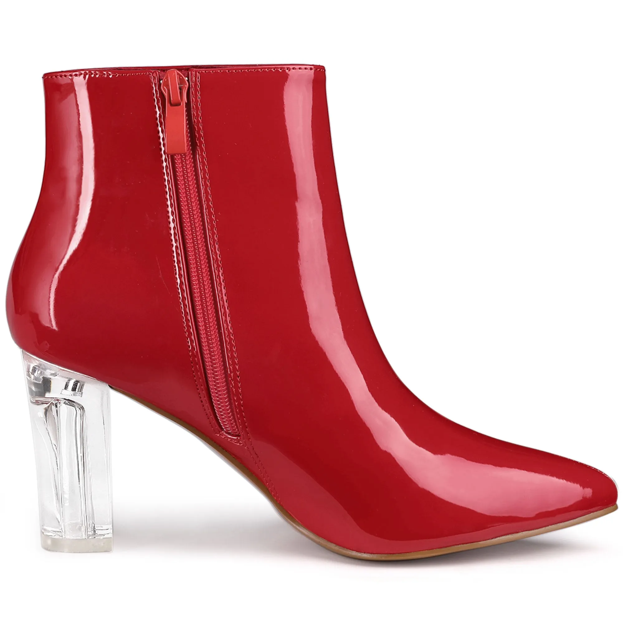 Patent Leather Pointed Toe Clear Chunky Heel Ankle Boots