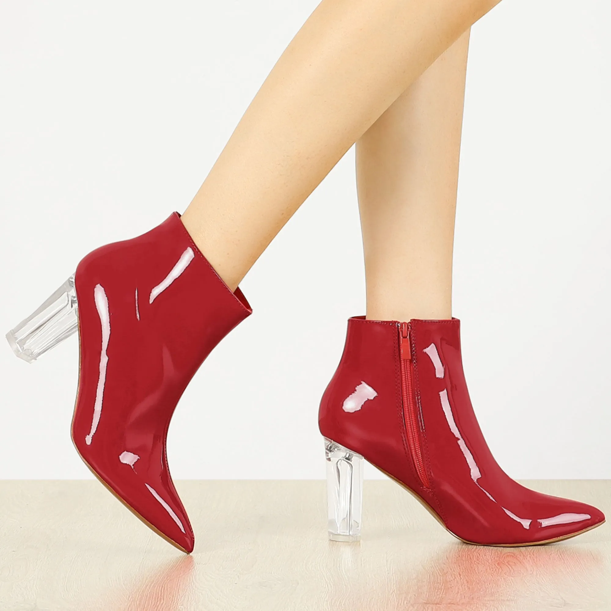 Patent Leather Pointed Toe Clear Chunky Heel Ankle Boots