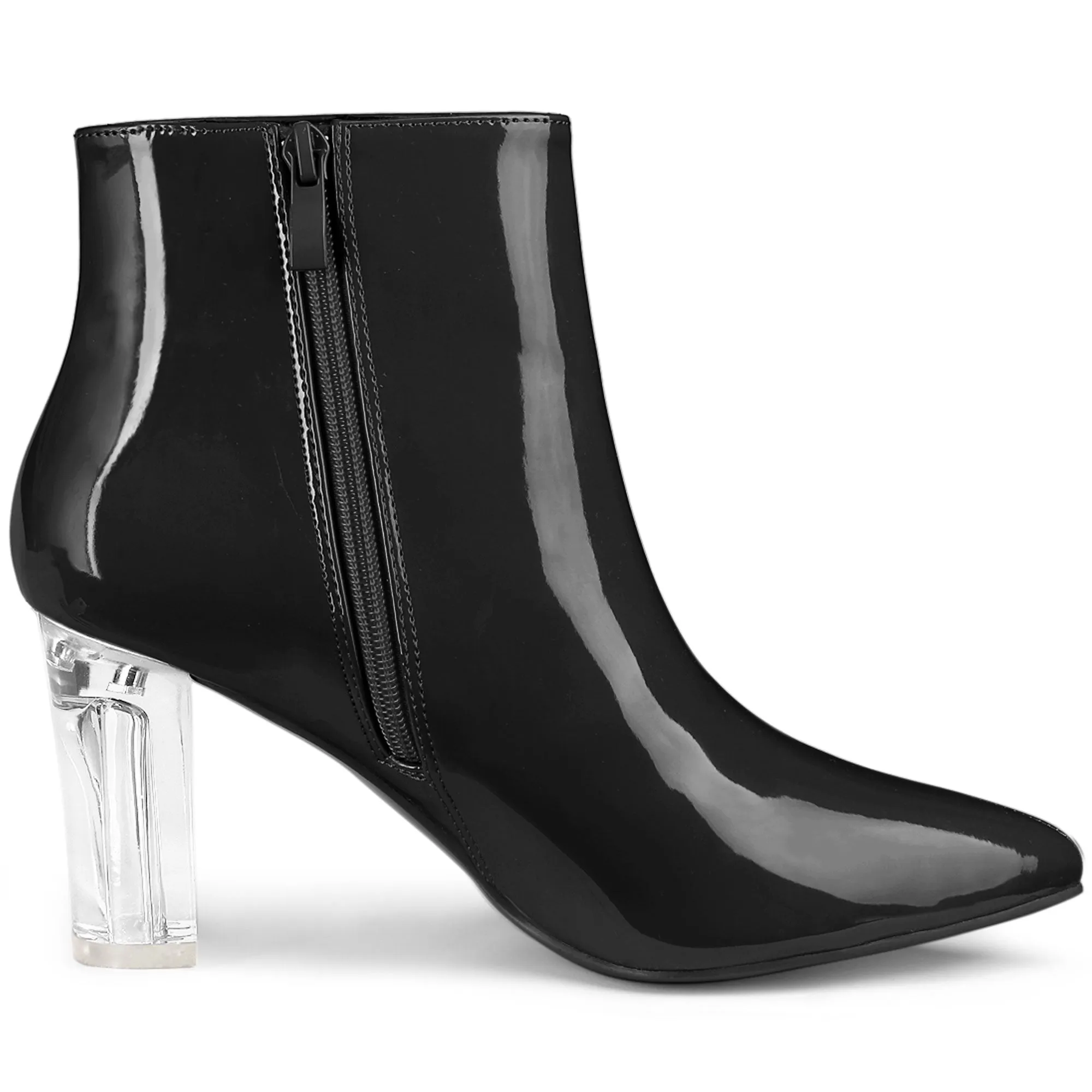 Patent Leather Pointed Toe Clear Chunky Heel Ankle Boots