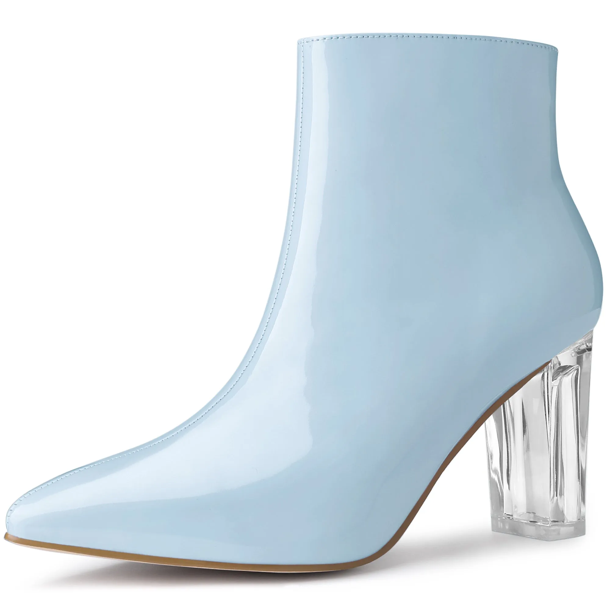 Patent Leather Pointed Toe Clear Chunky Heel Ankle Boots
