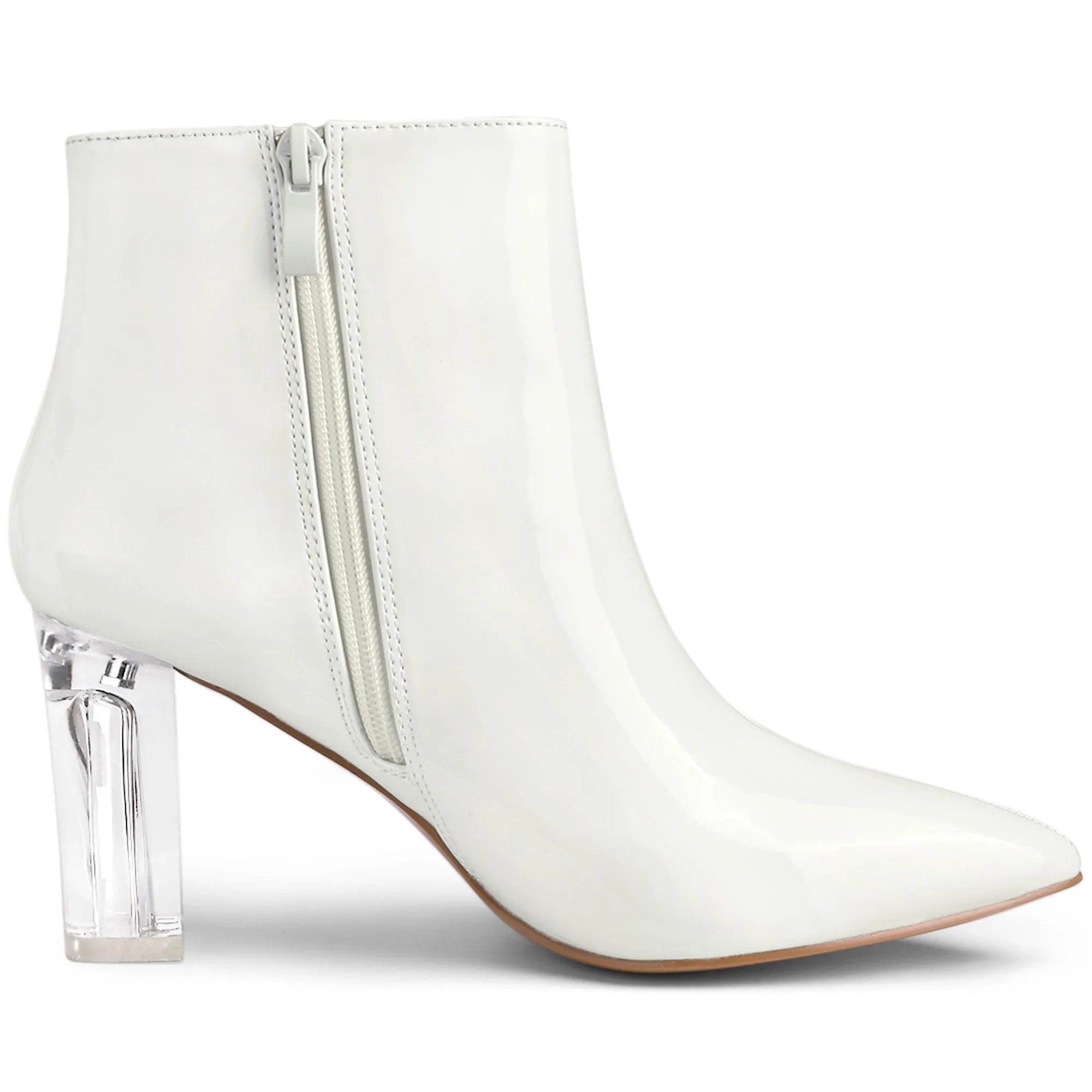 Patent Leather Pointed Toe Clear Chunky Heel Ankle Boots