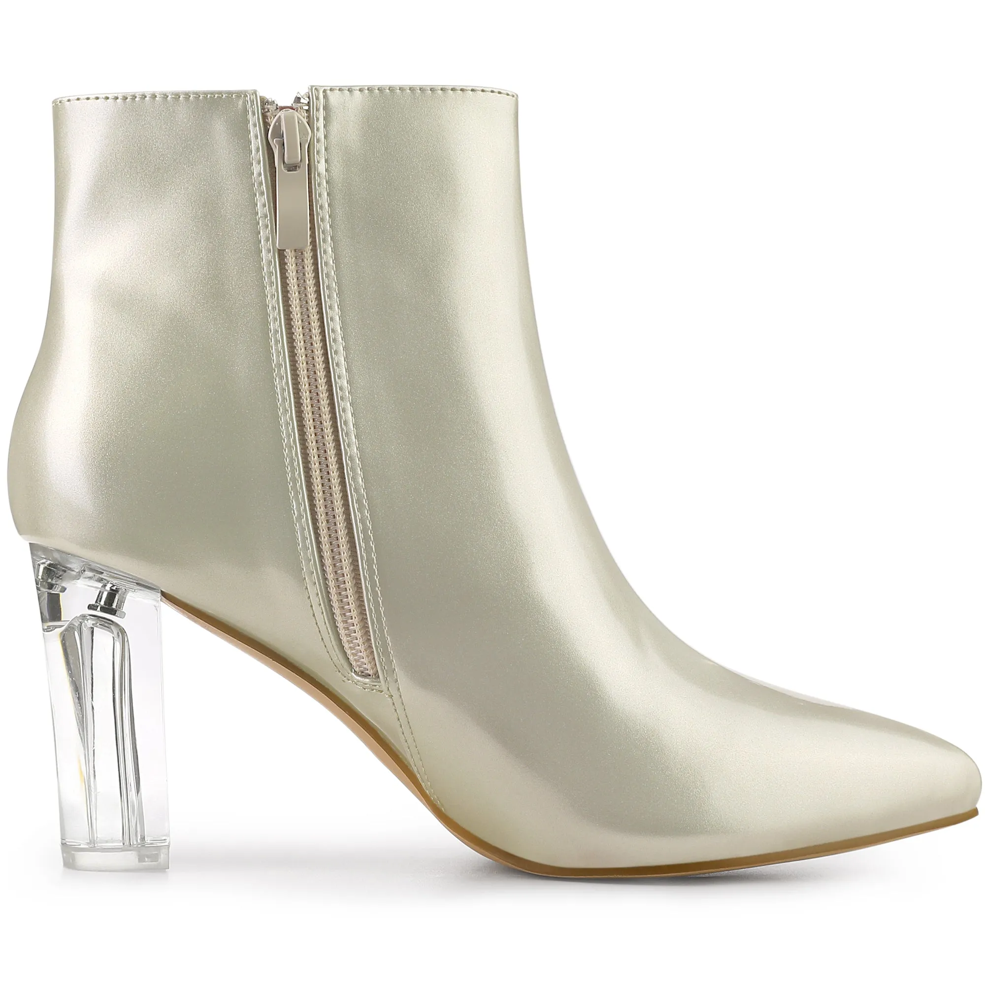 Patent Leather Pointed Toe Clear Chunky Heel Ankle Boots