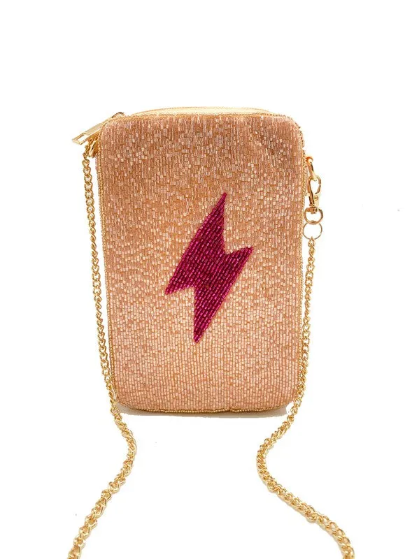 Pink Lighing Bolt Beaded Phone Bag