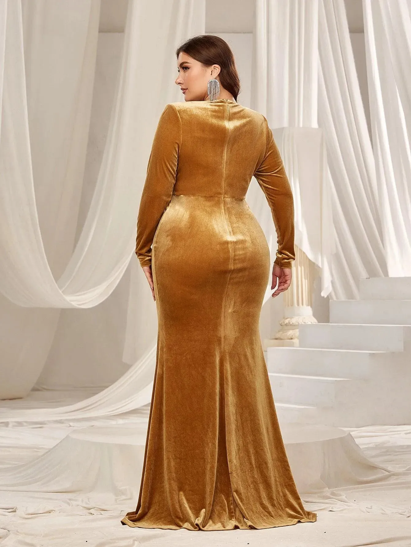 Plus Mesh Insert Velvet Mermaid Hem Prom Dress