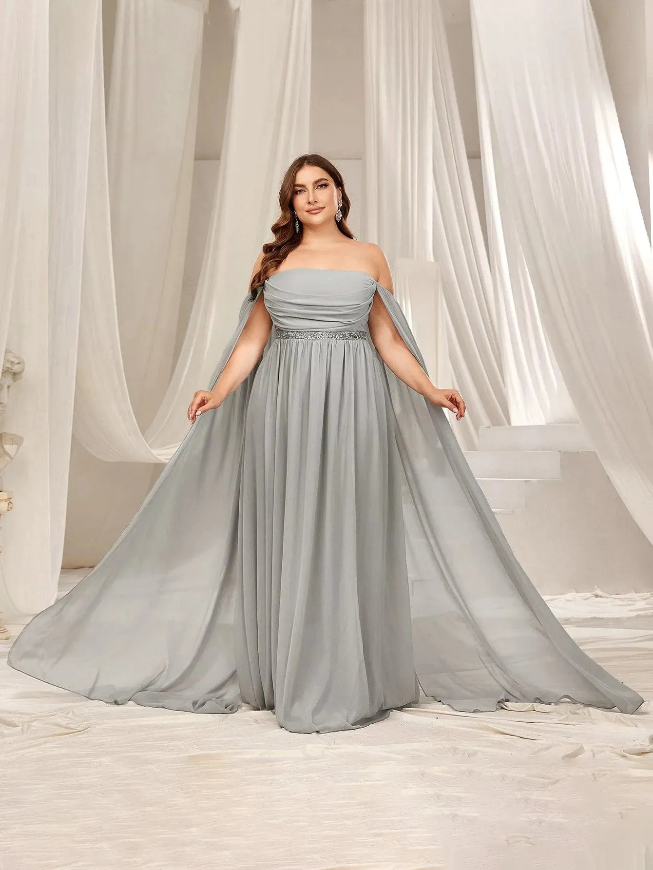 Plus Off Shoulder Extra-Long Sleeves Chiffon Prom Dress