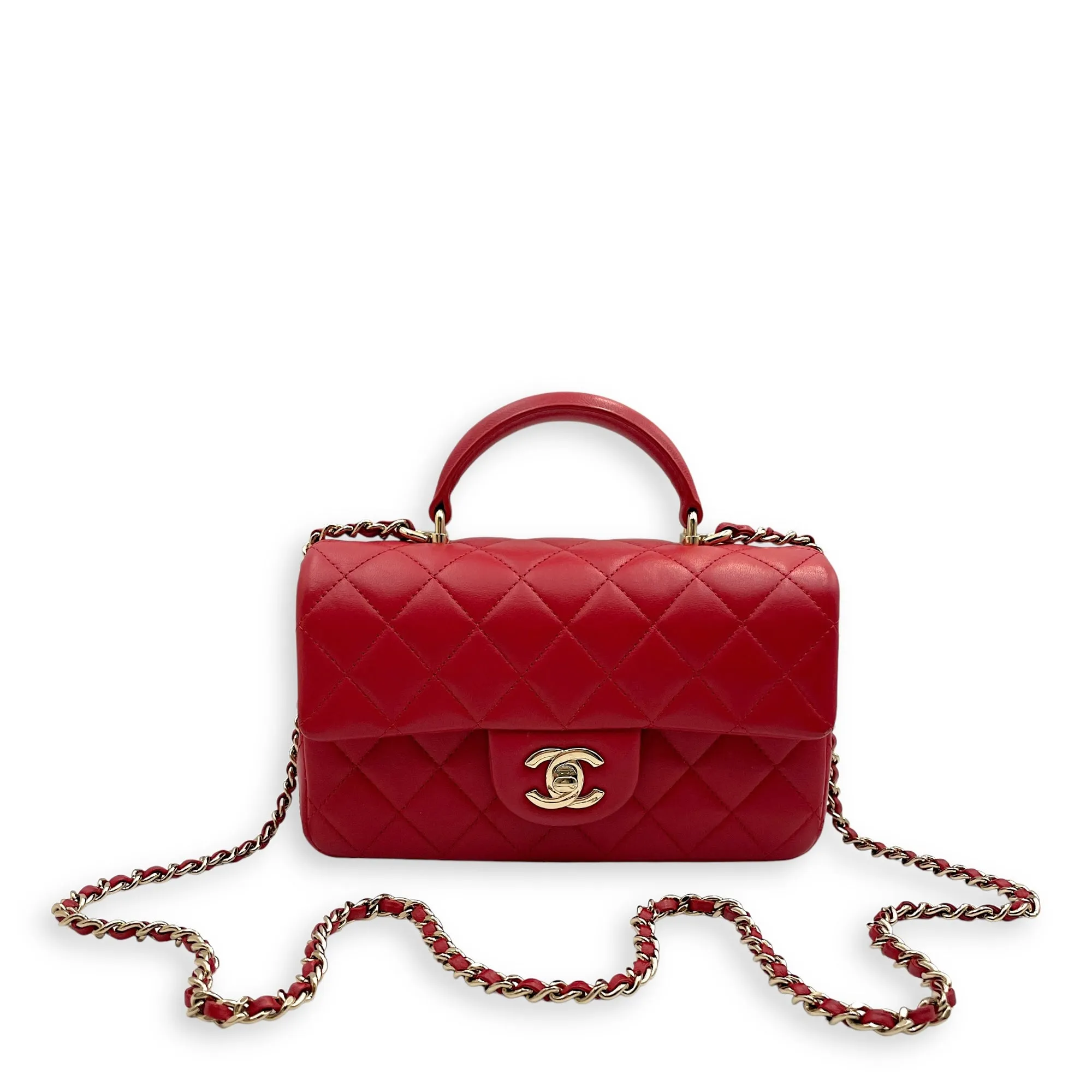 Rectangle Mini Red Crossbody Bag in Lambskin, Gold hardware