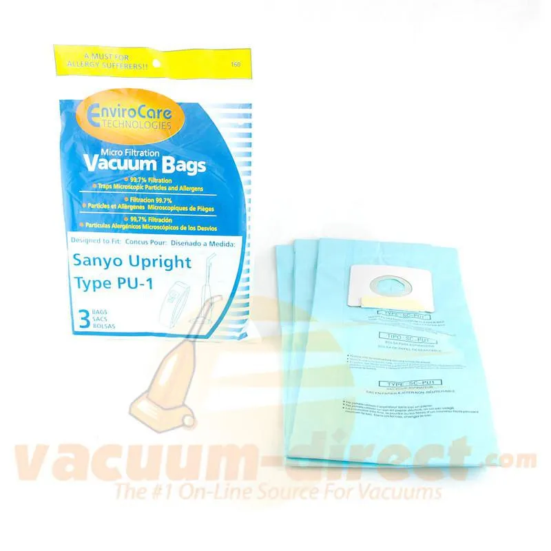 Sanyo Type PU-1 Generic Micro Filtration Vacuum Bags by EnviroCare, 3 Pack #160