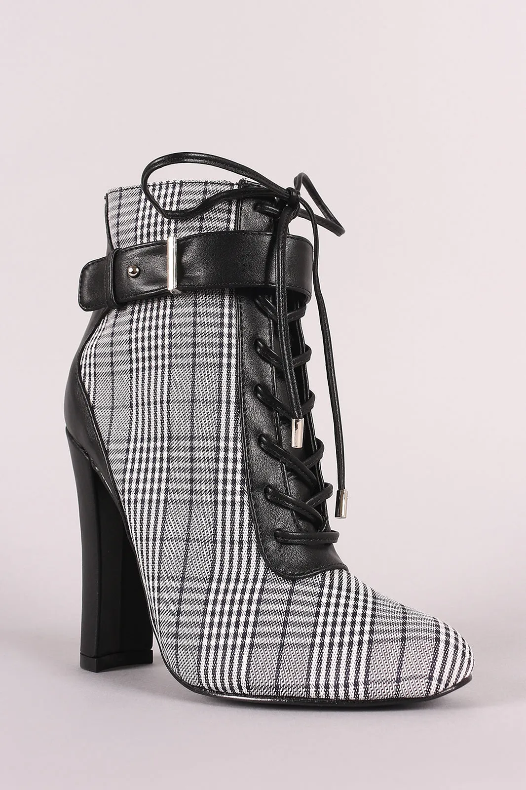 Shoe Republic LA Glen Plaid Lace Up Chunky Heeled Ankle Boots