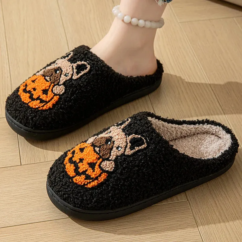 Sohiwoo Halloween Designer Fluffy Slippers Women 2024 Unisex Cartoon Warm Plush Slides Woman Non Slip Sole Home Cotton Shoes 45