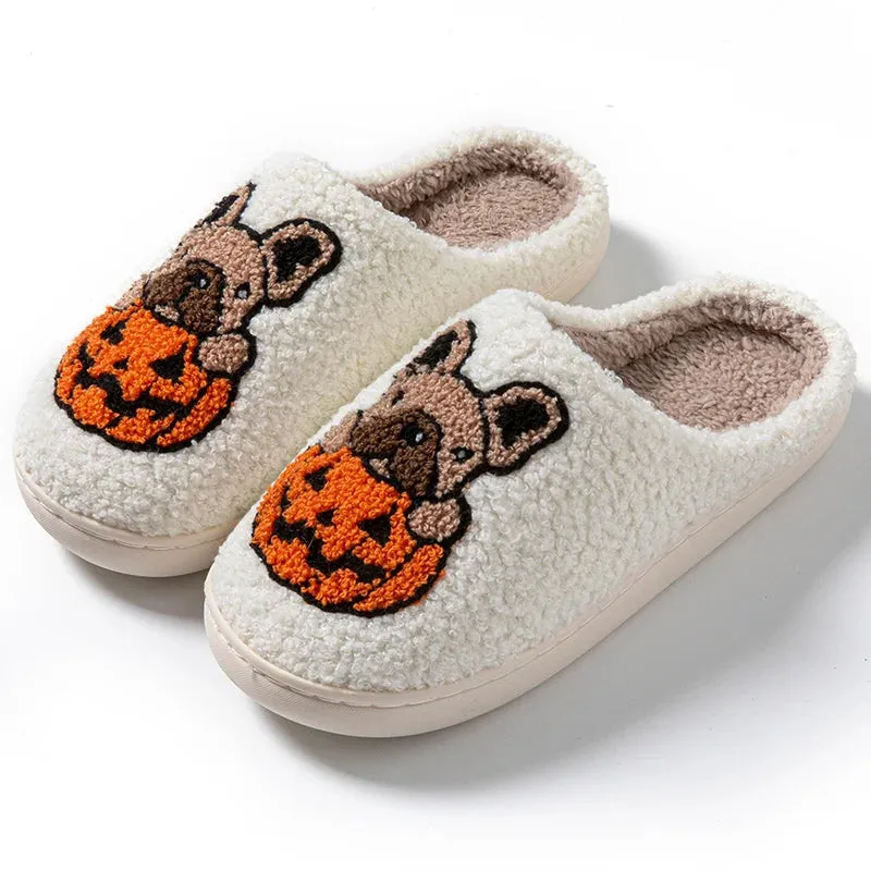 Sohiwoo Halloween Designer Fluffy Slippers Women 2024 Unisex Cartoon Warm Plush Slides Woman Non Slip Sole Home Cotton Shoes 45