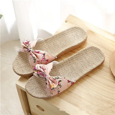 Summer Women’s Flat Bow Linen Slippers – Soft Non-Slip Anti-Odor Home Shoes