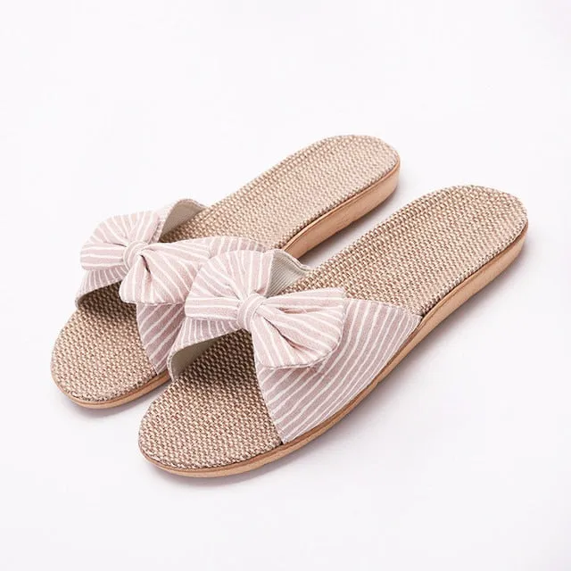 Summer Women’s Flat Bow Linen Slippers – Soft Non-Slip Anti-Odor Home Shoes