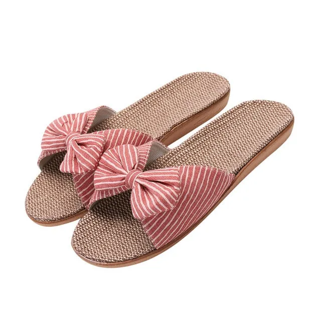 Summer Women’s Flat Bow Linen Slippers – Soft Non-Slip Anti-Odor Home Shoes