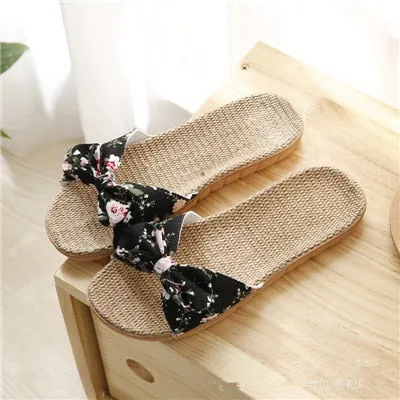Summer Women’s Flat Bow Linen Slippers – Soft Non-Slip Anti-Odor Home Shoes