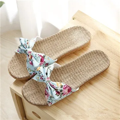 Summer Women’s Flat Bow Linen Slippers – Soft Non-Slip Anti-Odor Home Shoes