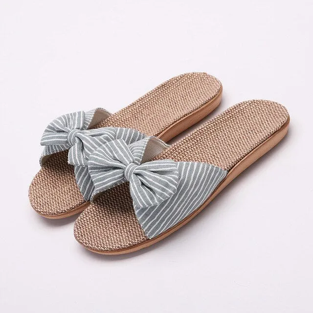 Summer Women’s Flat Bow Linen Slippers – Soft Non-Slip Anti-Odor Home Shoes