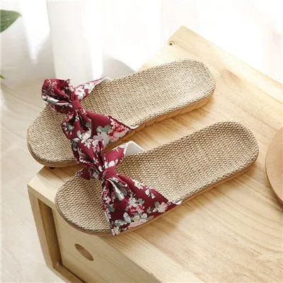 Summer Women’s Flat Bow Linen Slippers – Soft Non-Slip Anti-Odor Home Shoes