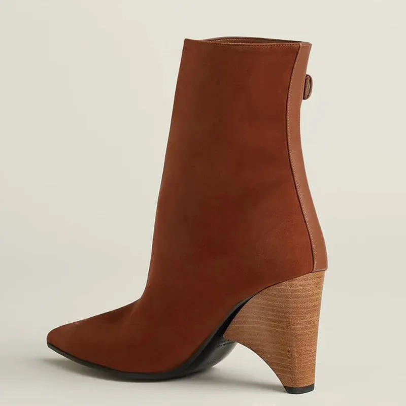 Unique pointy toe ankle / bootie with buckle strap