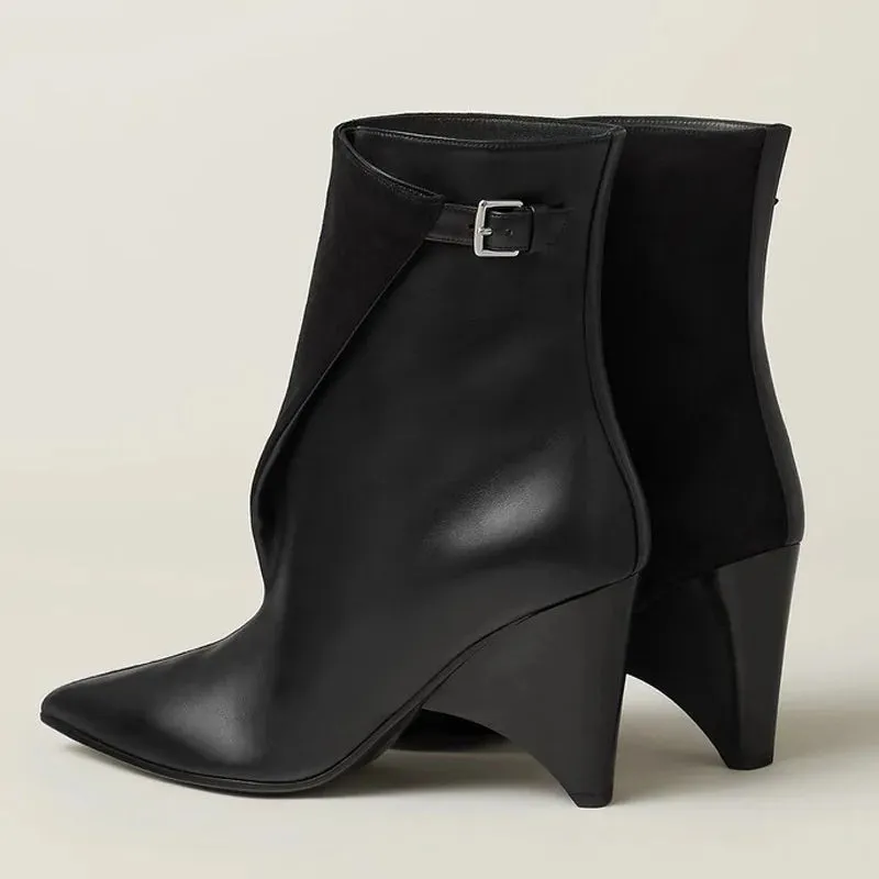 Unique pointy toe ankle / bootie with buckle strap