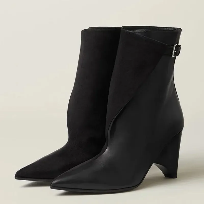 Unique pointy toe ankle / bootie with buckle strap