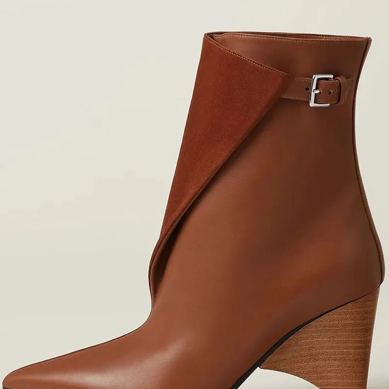 Unique pointy toe ankle / bootie with buckle strap
