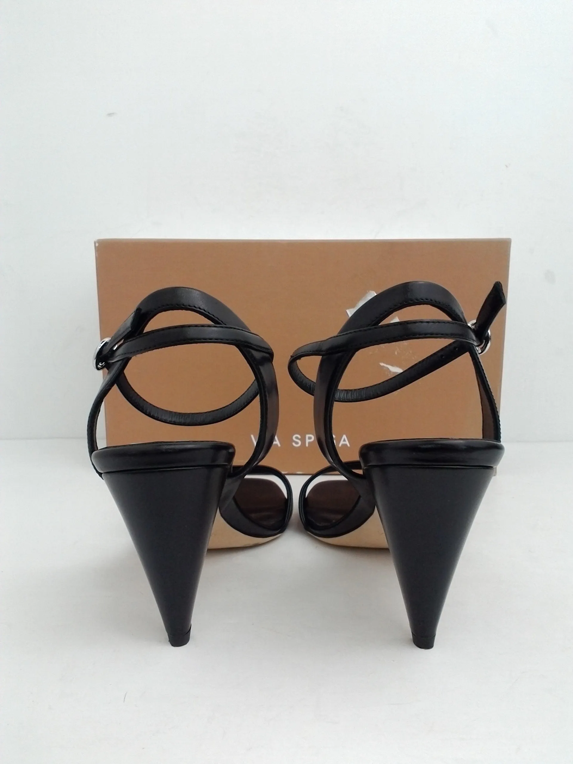 Via Spiga Women's V-Ria Black Leather Heeled Sandal Size 9.5 M