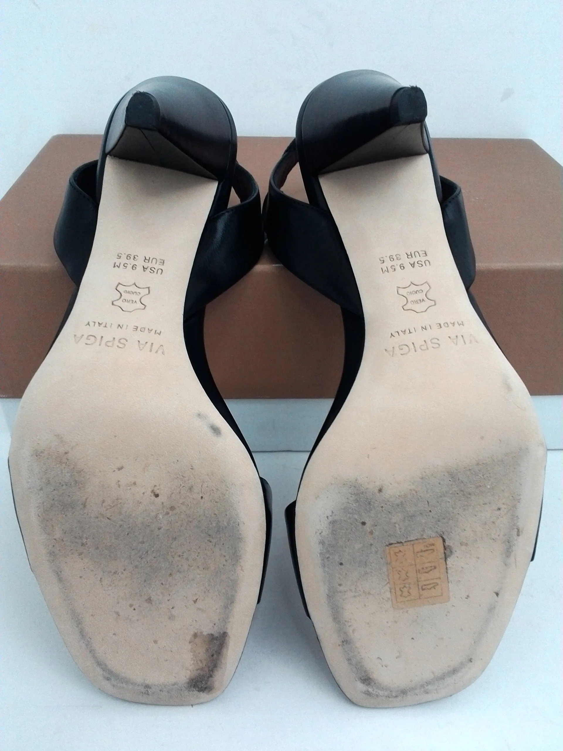 Via Spiga Women's V-Ria Black Leather Heeled Sandal Size 9.5 M