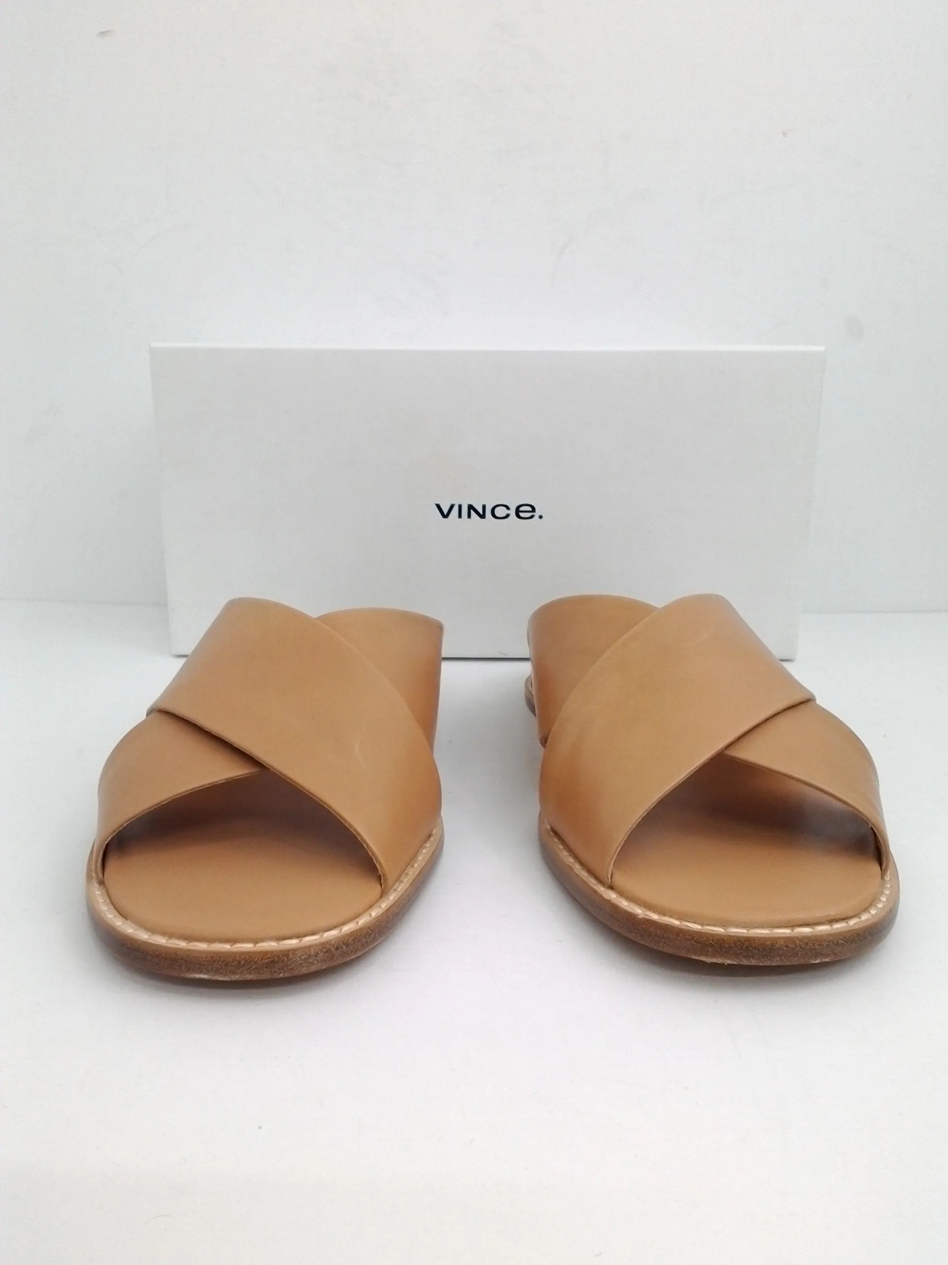 VINCE Women's Fairley Leather Slide Sandal Hidden Wedge Tan Size 8.5 M