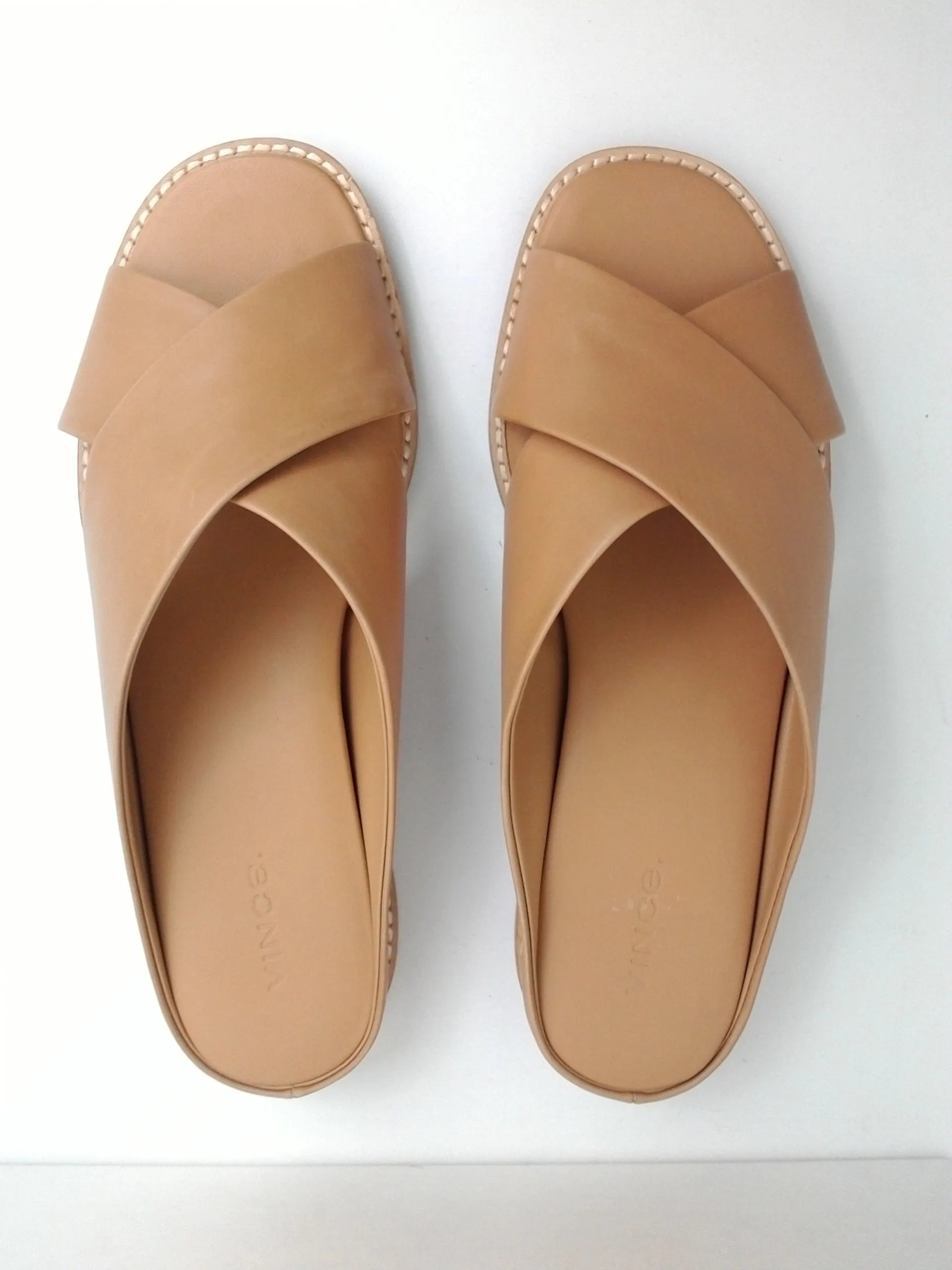 VINCE Women's Fairley Leather Slide Sandal Hidden Wedge Tan Size 8.5 M