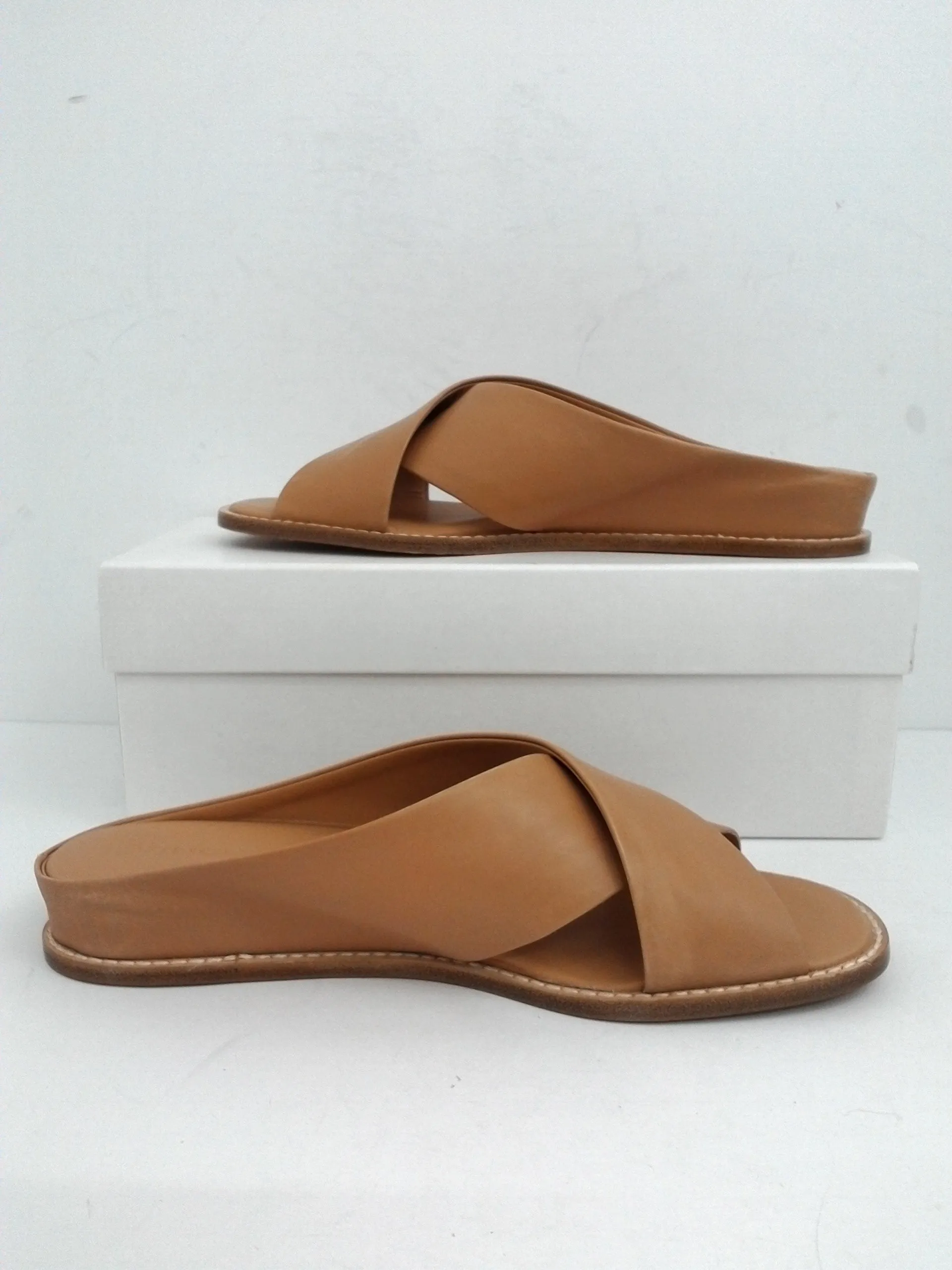 VINCE Women's Fairley Leather Slide Sandal Hidden Wedge Tan Size 8.5 M
