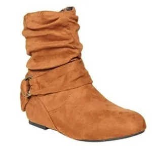 Women Flat Heel High Cut Short Buckle Strap Slouch Boots