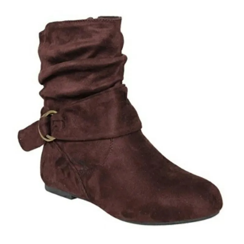 Women Flat Heel High Cut Short Buckle Strap Slouch Boots