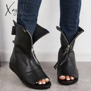 Xajzpa - Women's Open Toe Ankle Boots Fashion Flat Booties Zip Up Boots